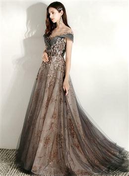 Picture of Grey and Champagne Tulle Lace Long Party Dresses, A-line Formal Dresses Formal Dresses